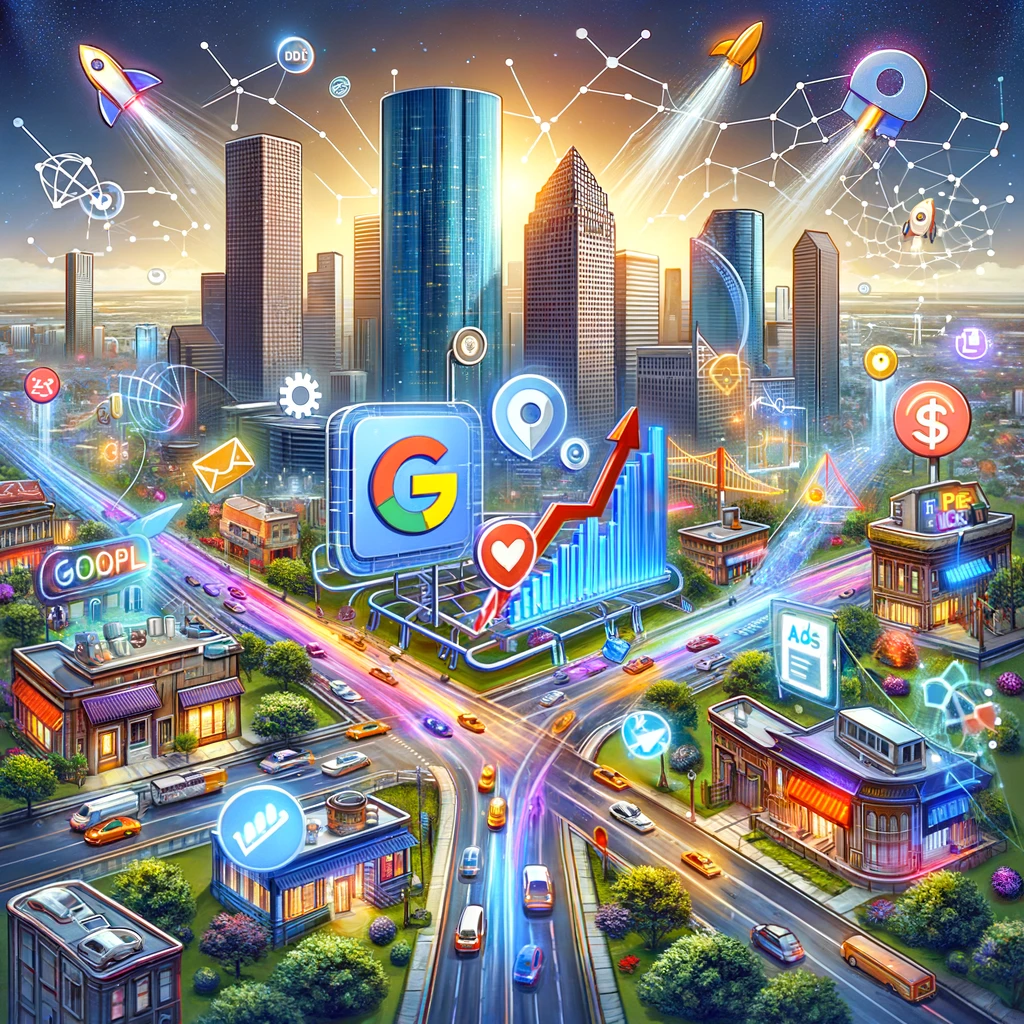 Illustrate a dynamic and vibrant image that captures the essence of PPC advertising in the digital landscape. The scene includes a bustling cityscape of Houston in the background, with diverse businesses flourishing and digital marketing elements such as clicks, ads, and graphs symbolizing growth and success. The forefront should feature a representation of Pay Per Click Houston as a guiding force, with symbols of Google Ads and lead generation, showcasing their expertise in propelling businesses forward. The image should convey a sense of momentum, innovation, and the transformative power of expert PPC management in driving business leads and prosperity.