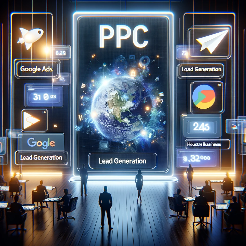 a sleek, professional image that encapsulates the essence of PPC advertising—a vibrant display of ads on a digital screen, with keywords highlighting "Google Ads", "Lead Generation", and "Houston Businesses". The visual should convey the strategic, targeted nature of PPC campaigns, showcasing a blend of technology and marketing expertise.