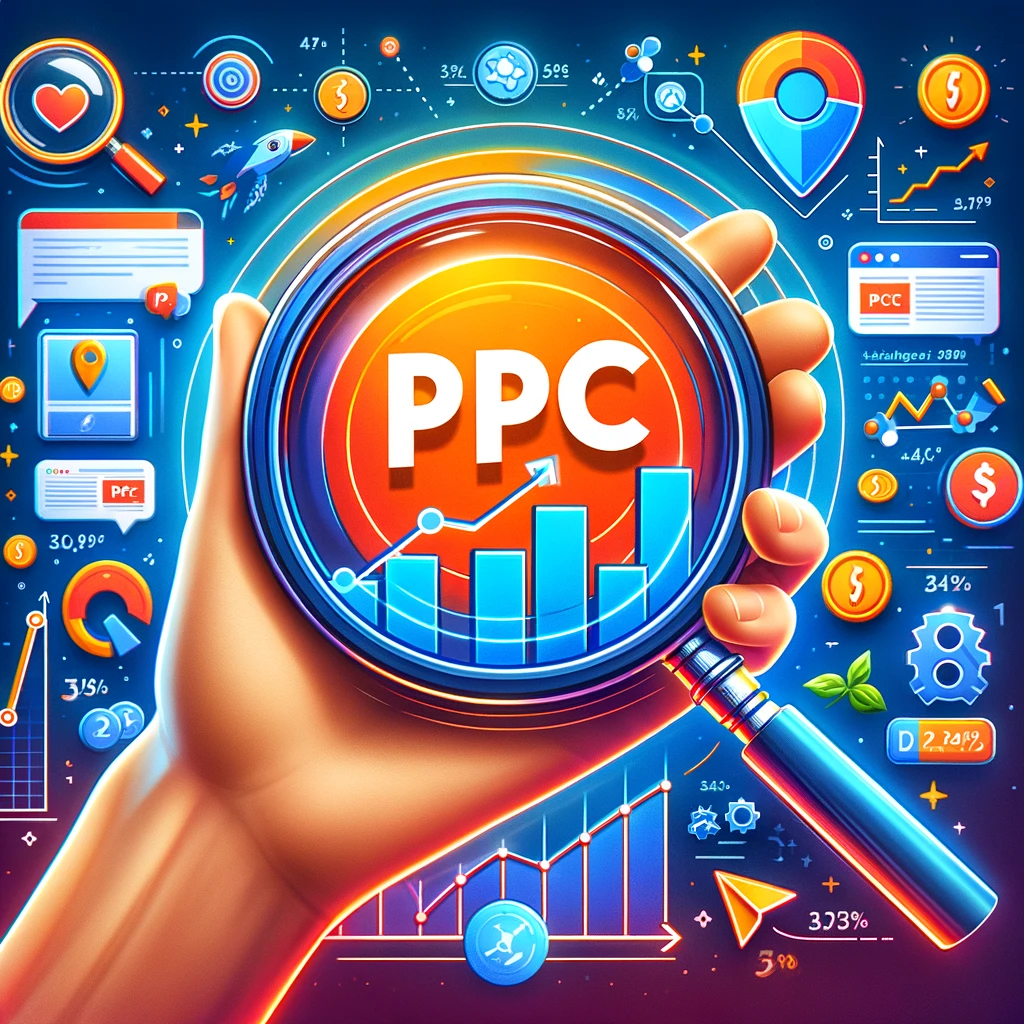 a vibrant and engaging image that visualizes the concept of growing a brand through Pay Per Click (PPC) advertising. The image should feature elements like a magnifying glass highlighting the word 'PPC', a growth chart in the background symbolizing increasing brand visibility, and digital ad examples. This image aims to convey the strategic use of PPC ads to enhance brand awareness and reach a targeted audience effectively in the digital marketing landscape.