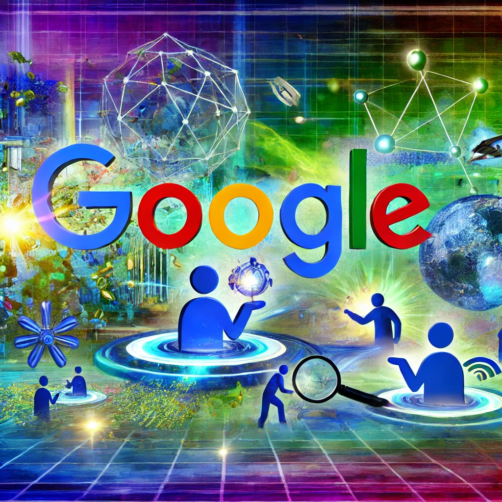 A-vibrant-futuristic-digital-landscape-showcasing-Googles-transformation.-In-the-foreground-users-are-actively-engaging-with-a-variety-of-creative