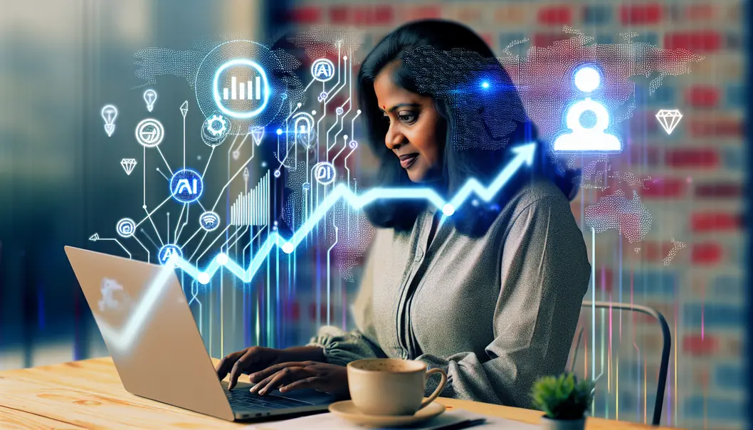 A person analyzing digital marketing performance on a laptop with AI symbols and growth indicators