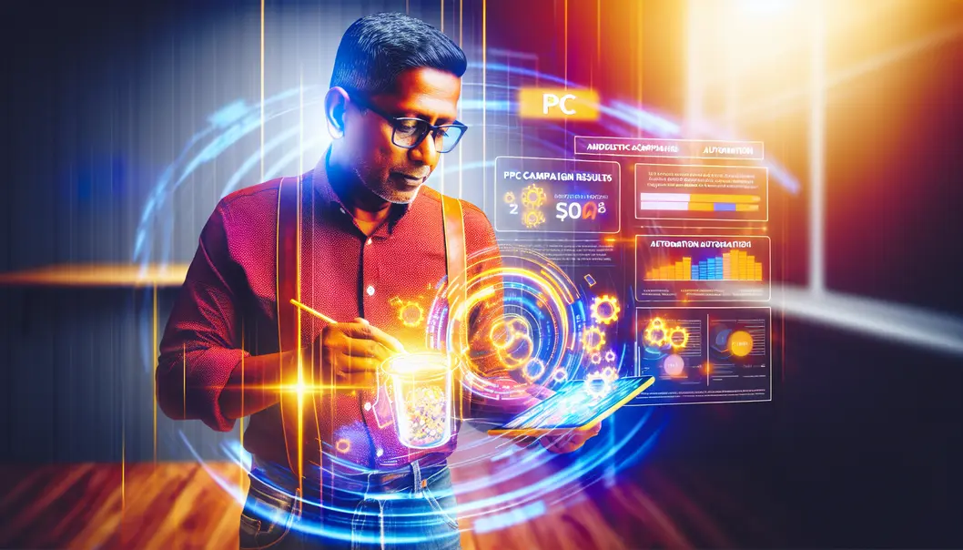 A person reviewing digital PPC campaign data on a tablet with AI analytics visuals.