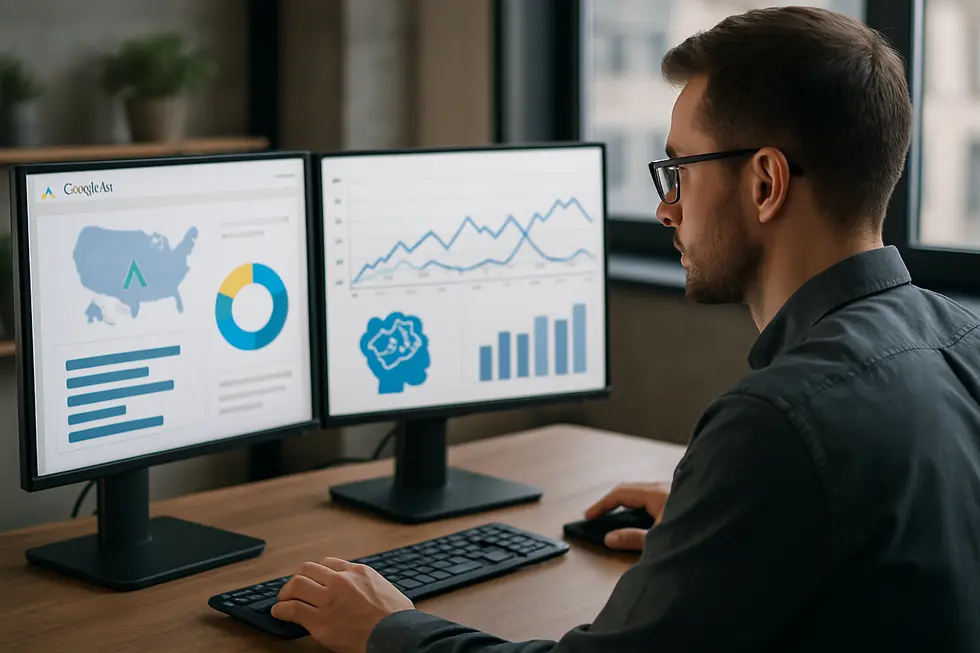 Business owner leveraging AI automation in Google Ads dashboard for optimized PPC management.