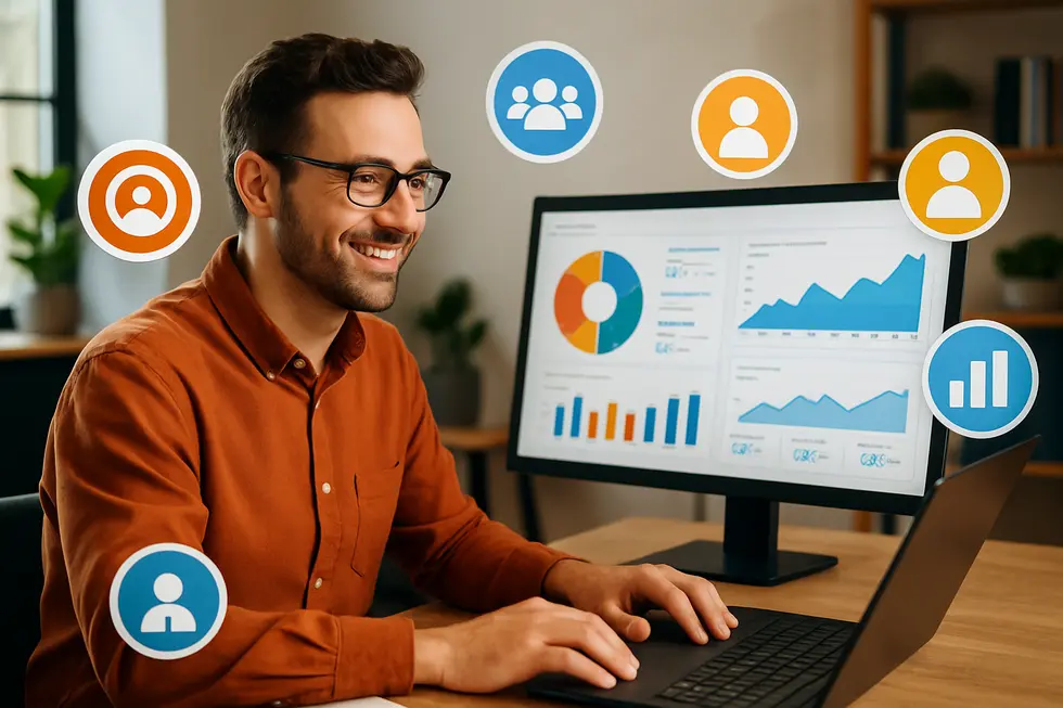 A business owner using digital marketing dashboards on a computer to manage PPC campaigns with segmentation features.