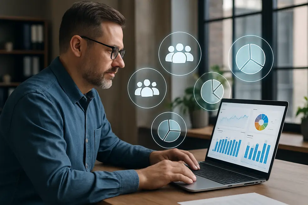 Small business owner analyzing targeted PPC campaign data with segmentation tools.