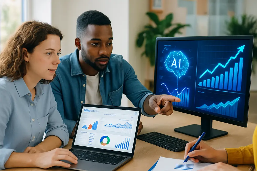 Team of small business owners discussing PPC strategies with digital screens showing AI-driven Google Ads analytics.