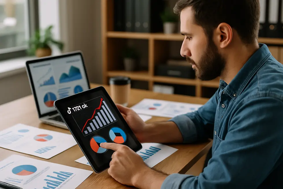 Small business owner reviewing TikTok ad analytics on a tablet in an office setting