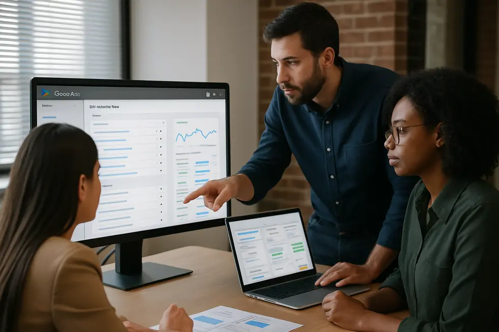 Small business owner utilizing AI-powered Google Ads Smart Bidding to optimize PPC campaigns.