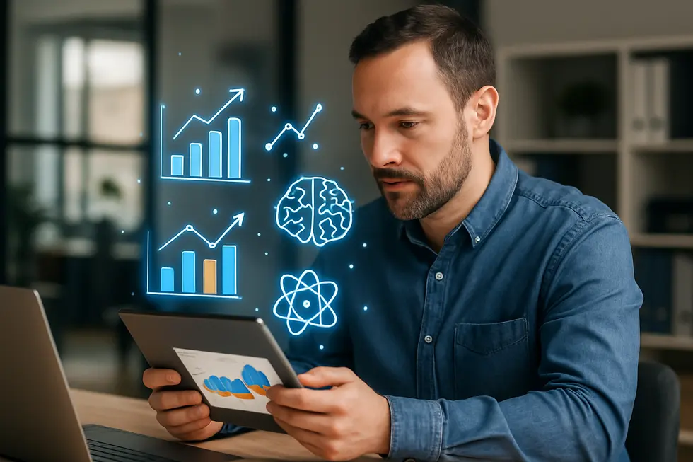 A small business owner analyzing detailed PPC performance data with AI elements on a tablet in an office setting.