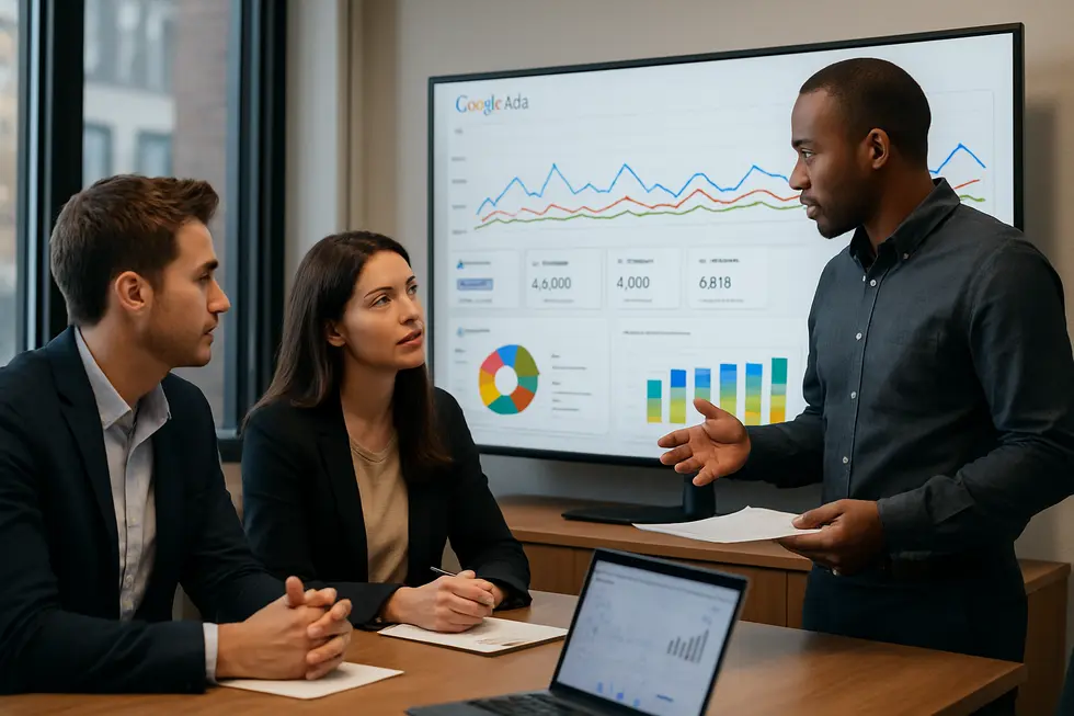 Team of small business professionals analyzing digital marketing data on large screen with Google Ads interface.