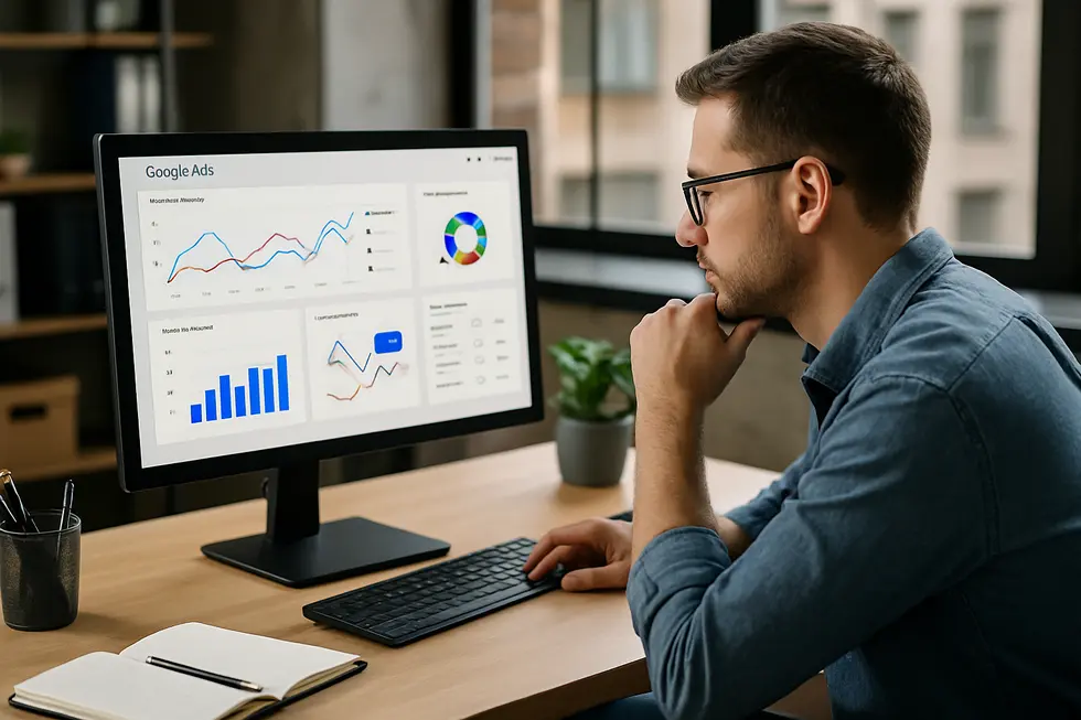 Small business owner utilizing AI-driven Google Ads dashboard for PPC campaign optimization.