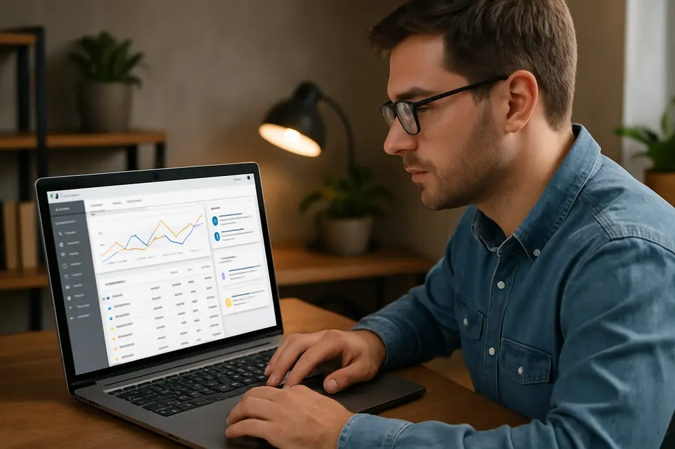 Small business owner utilizing AI-driven Google Ads dashboard for PPC campaign optimization.