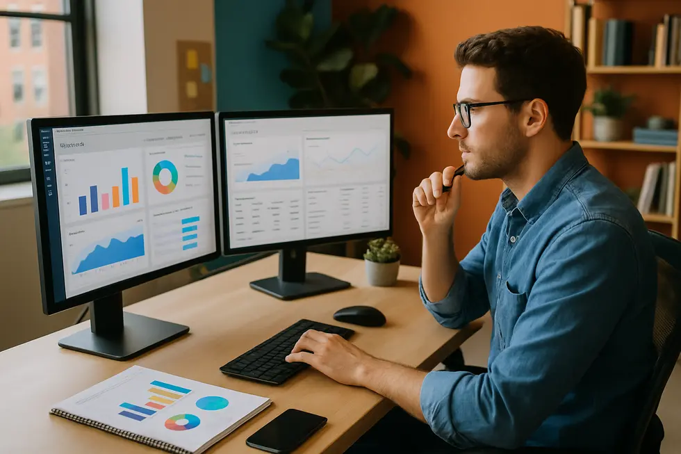 Business owner analyzing advertising dashboards for TikTok and Google Ads on computer monitors.
