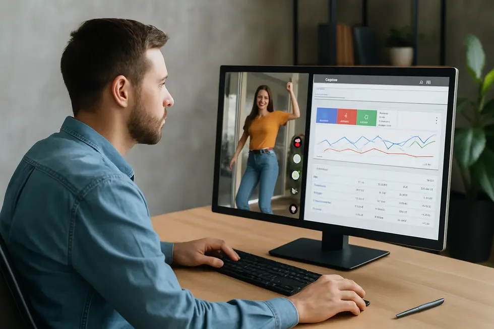 Small business owner comparing TikTok and Google Ads dashboards to refine marketing strategies.