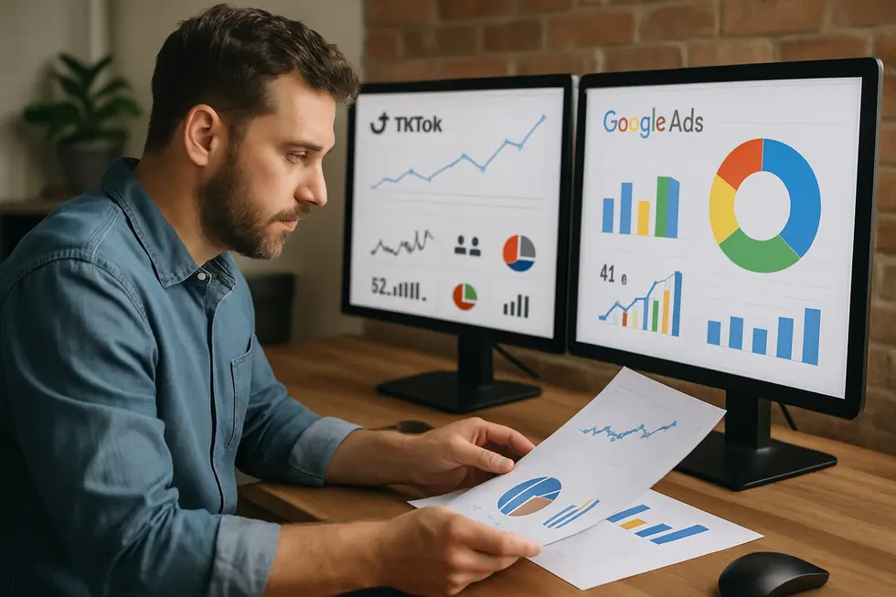 Small business owner comparing TikTok and Google Ads dashboards to refine marketing strategies.