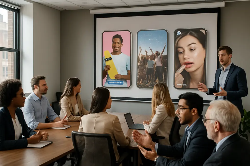 Diverse professionals analyzing TikTok ad strategy on a large screen during a business meeting.